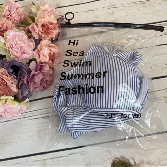 Retro Blue & White Strip Ruffled Push Up Swimsuit - Picture 15 of 16